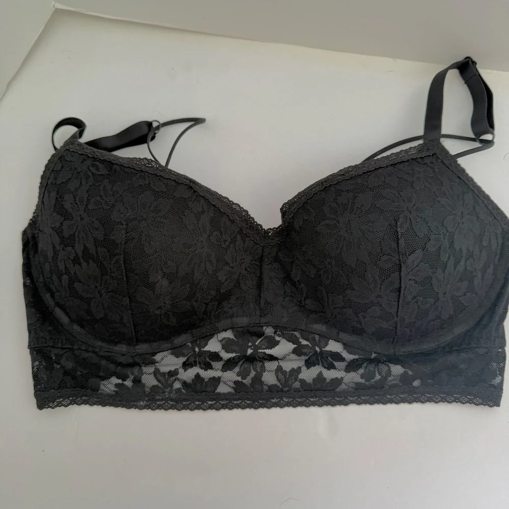 Victoria's Secret PINK Black Floral Lace Longline Push-Up Bra Size L-DD NEW